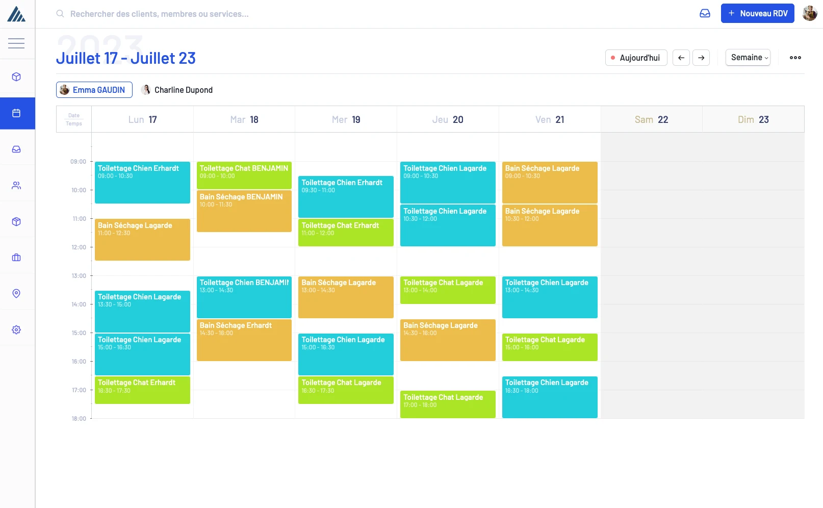 Calendrier de rendez-vous d'un salon de toilettage sur Pratikly